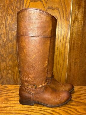 Frye Melissa Seam Belted Trapunto Made in Mexico Cognac Leather Riding Boots 8